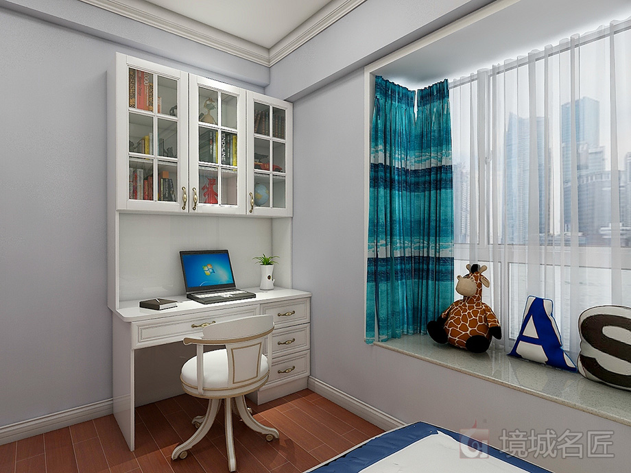 簡歐風格書桌書柜組合效果圖—X0011